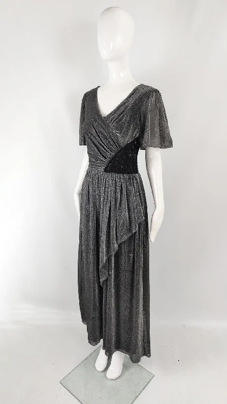 John Charles Vintage 70s Silver Lurex & Black Lace Evening Dress, 1970s Tunics Lace romantic John Charles Vintage 70s Silver Lurex & Black Lace Evening Dress, 1970s Tunics Lace romantic