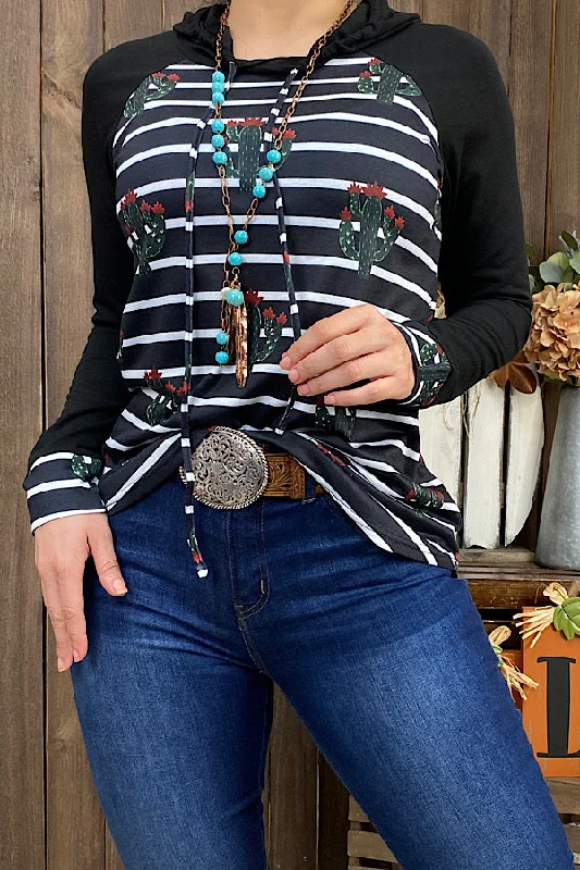 YMY9923 Black & white stripped hoodie w/cactus print Hoodie with Hem Drawcord Adjustable Customizable