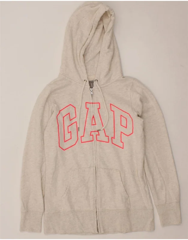 GAP Womens Oversized Graphic Zip Hoodie Sweater UK 6 XS Off White Cotton Silk Blend Satin Velvet