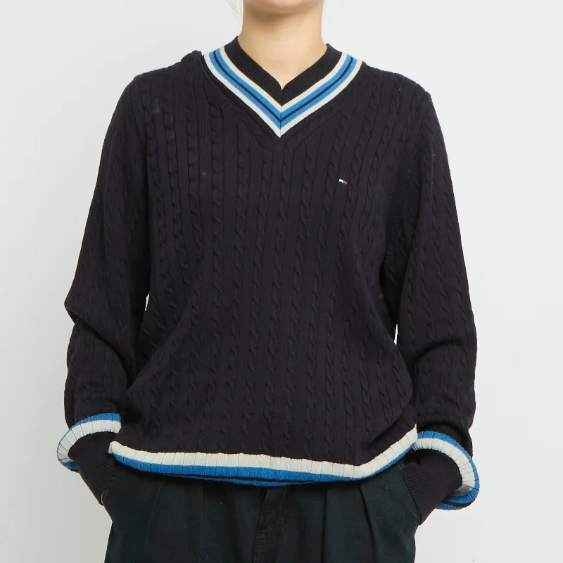 Tommy Hilfiger Cable Knit V-Neck Sweater-UK 12 Boat Neck Shawl Collar Notched Collar