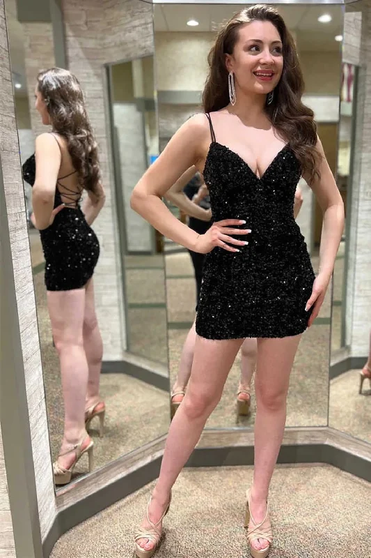 Sweet Spaghetti Straps V Neck Sequins Short Homecoming Dresses Tunics Essential wardrobe