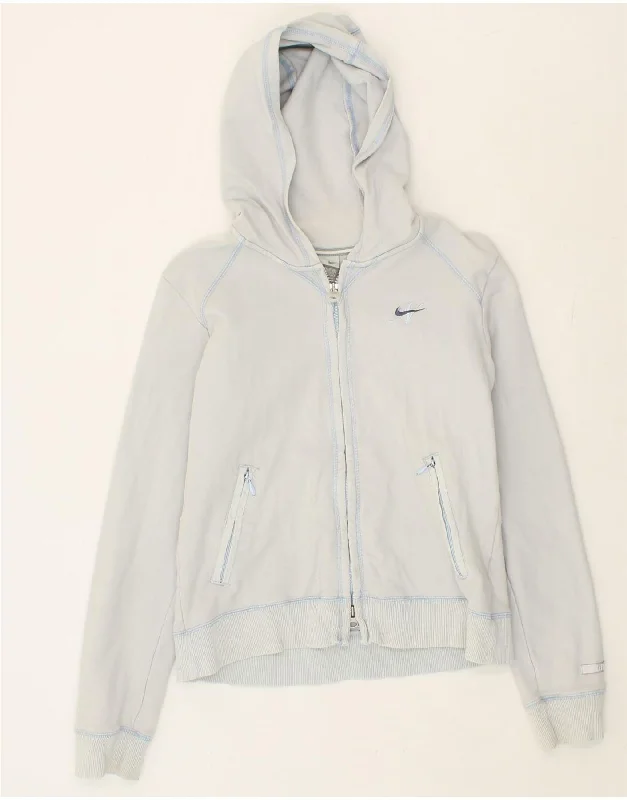 NIKE Womens Zip Hoodie Sweater UK 10/12 Medium Blue Cotton Glossy Satin Silk