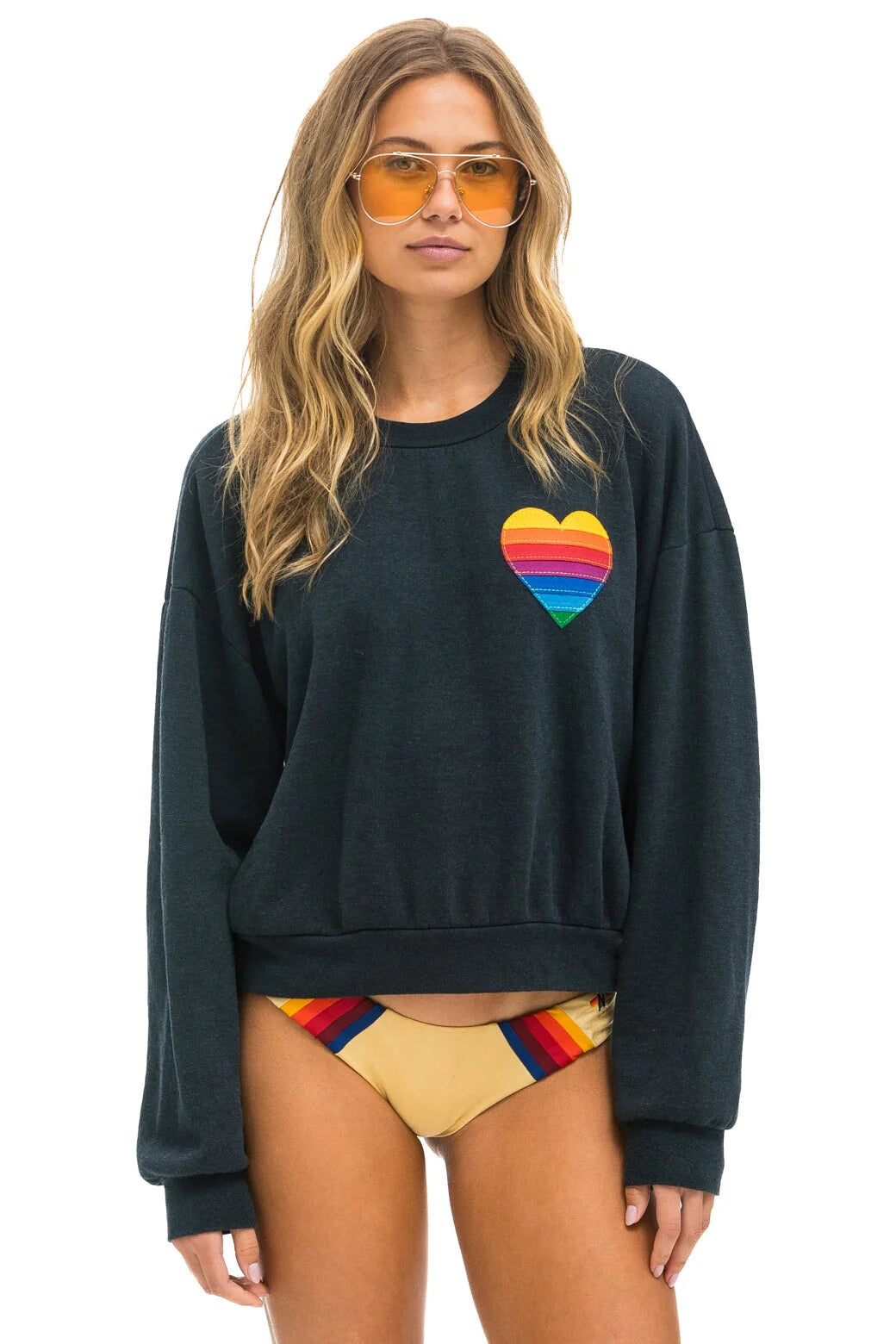 Rainbow Heart Stitch Crew Sweatshirt Relaxed Charcoal Hoodie with Button Classic Timeless