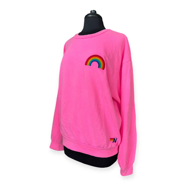 Rainbow Embroidery Crew Sweatshirt Relaxed Pink Hoodie with Strings Custom Fit Adjustable