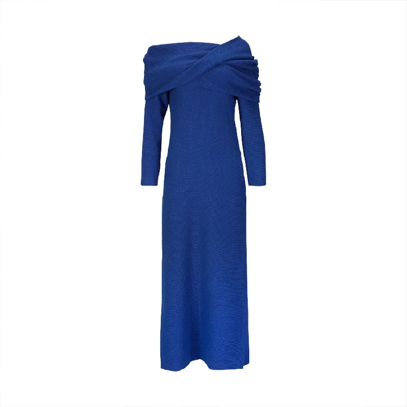 Blue Dress with Deconstructed Cape Crew Neckline Sporty