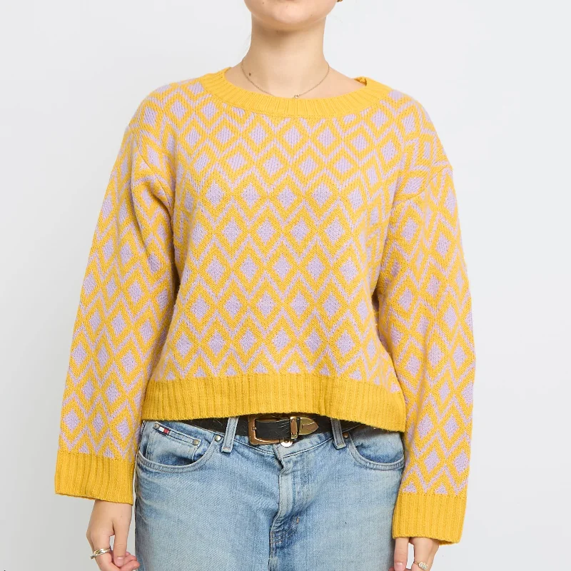 Heavy Knit Diamond Crewneck Sweater - UK 12 Machine Wash Dry Clean Hand Wash