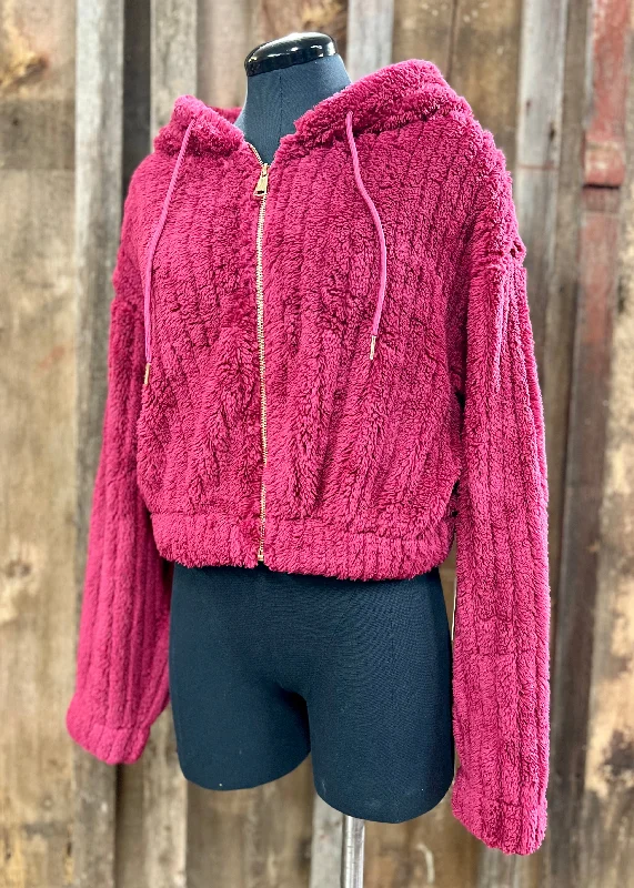 Raspberry Zip Up Sweater with Hood Front Pockets Side Pockets Patch Pockets