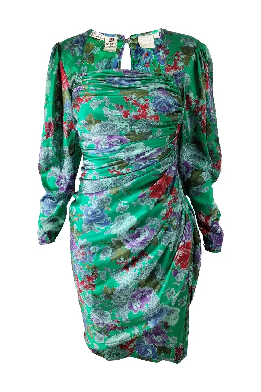 Emanuel Ungaro Vintage Green Silk Satin Ruched Dress, 1980s Tunics Vintage classic
