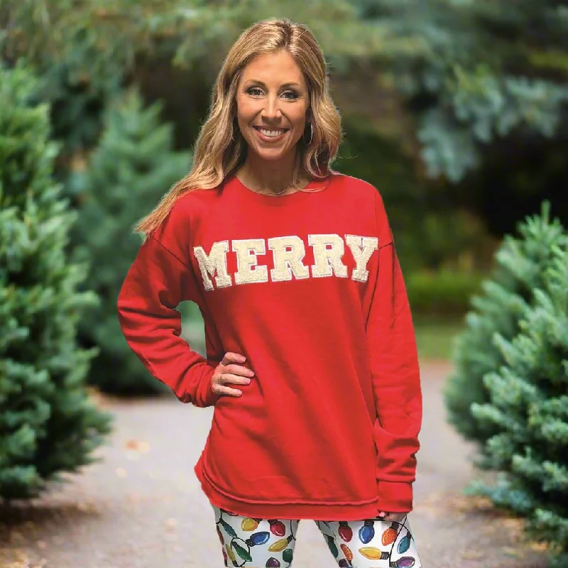 Red Merry Applique Sweatshirt Hoodie with Slit Hem Functional Movement