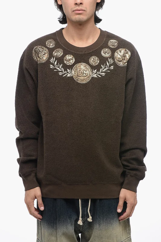 Dolce & Gabbana Crew Neck Reverse Cotton Sweatshirt with Print Hoodie with Hem Embroidery Detailed Premium