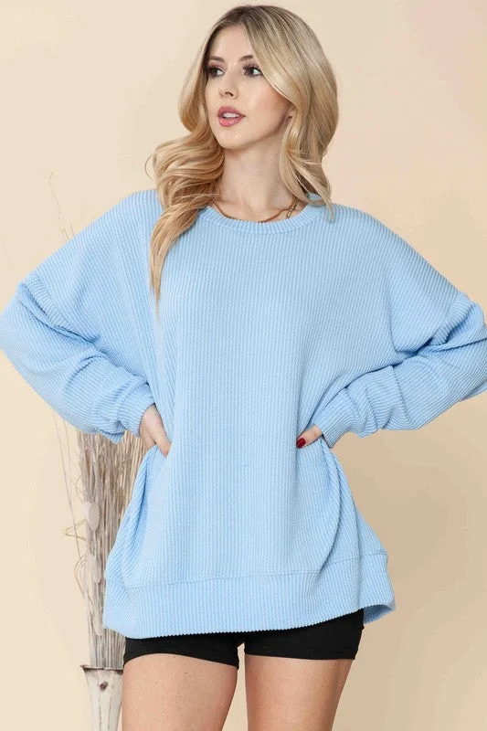 Tirelessly Trendy Powder Blue Ribbed Oversize Sweatshirt (Size S/M) Hoodie with Hem Drawcord Adjustable Customizable