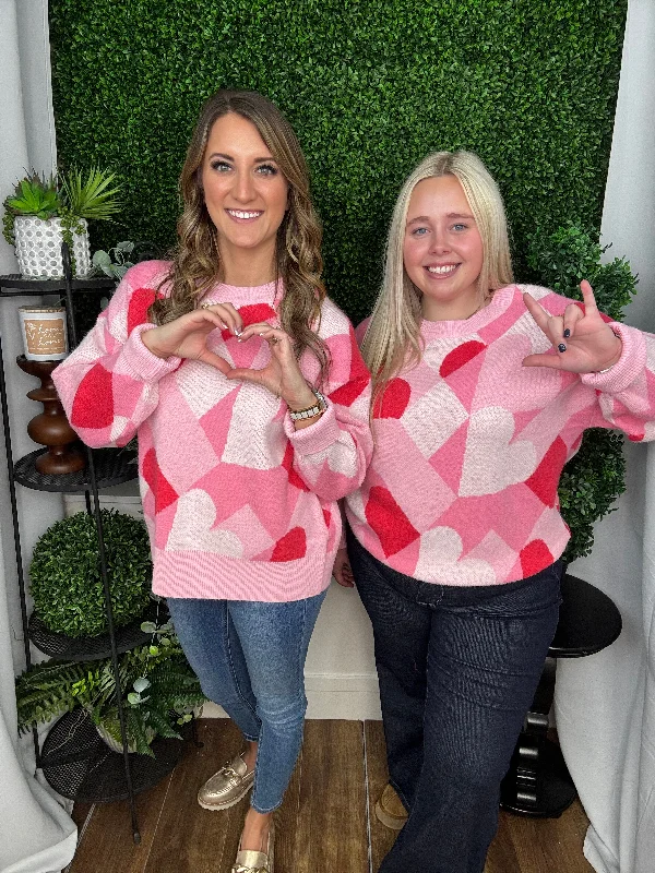 GEO HEARTS INTARSIA LS SWEATER - PINK/RED MULTI Jersey Fabric Tulle Fabric Batik Fabric