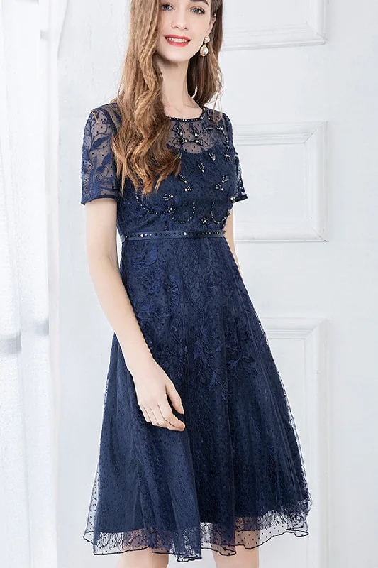 Short Sleeve Beaded Lace A-line Dress - M in Clearance Tunics Stylish modern
