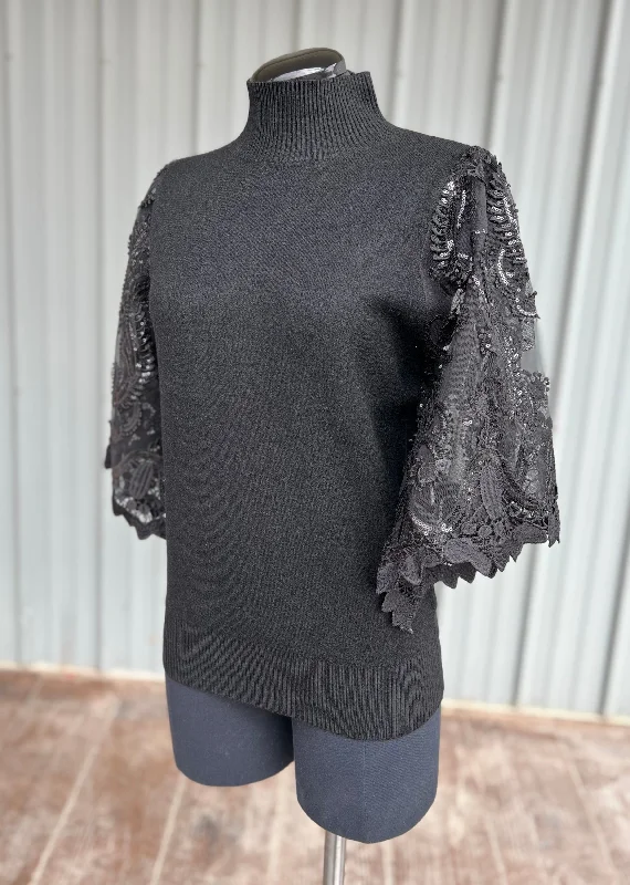 Black Sweater with Sequin Lace Sleeves Houndstooth Herringbone Solid
