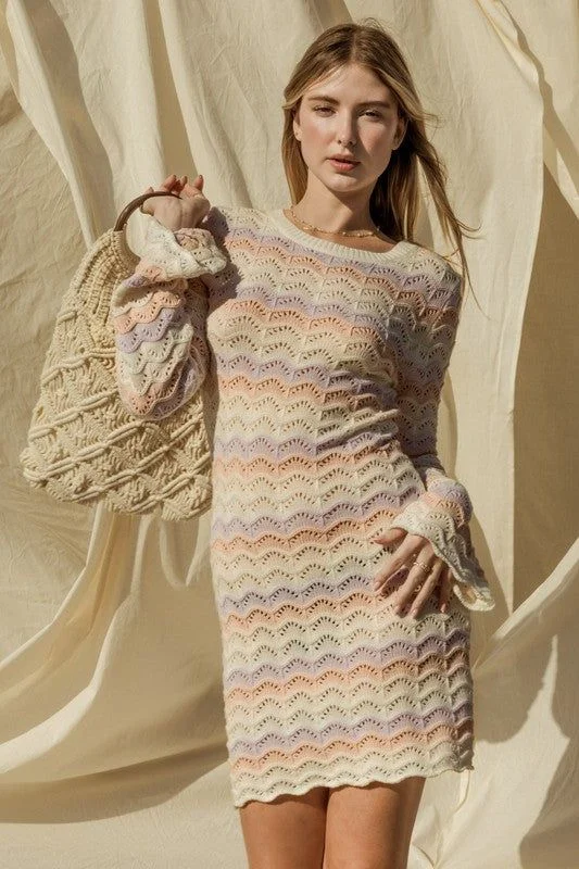 Gilli Round Neck Bell Sleeve Sweater Dress Lace Blend Ribbed Blend Corduroy Blend