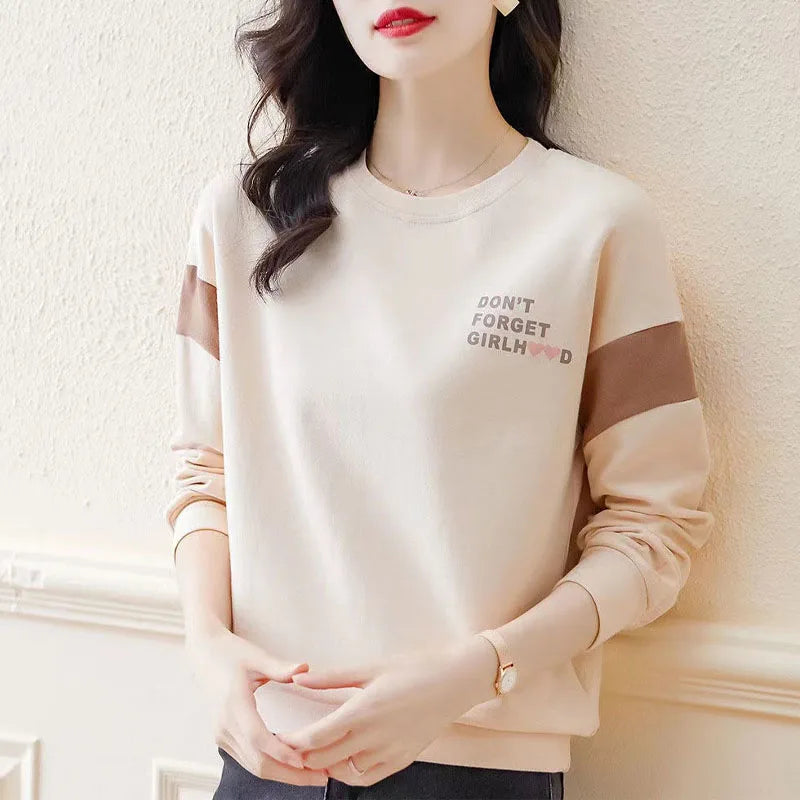 New Spring  Autumn Fashion Trend Letter Printing Round Neck Loose Casual Versatile Simple Style Women's Long Sleeve Sweater Solid Print Embellished