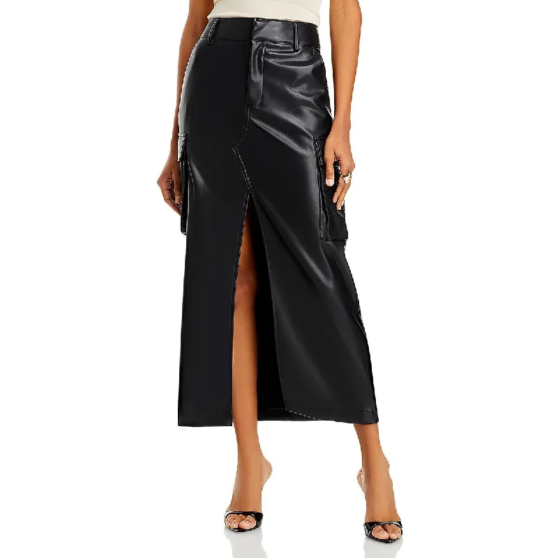 Avec Les Filles Womens Faux Leather Cargo Maxi Skirt chiffon skirt flowing