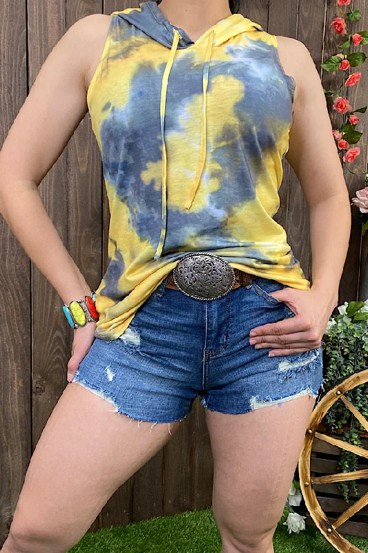 FW8532 Yellow/grey tie dye tank top w/hoodie Hoodie with Hem Lace Feminine Delicate
