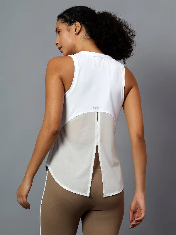 Fitkin White Tank Top With Back Net Panel Design scoop neck tank