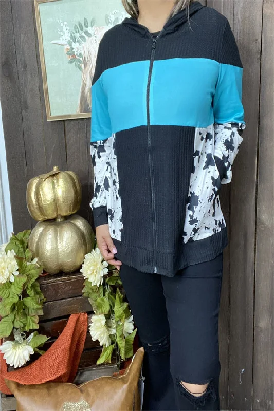GJQ15263 Cow printed mint/black block solid color long sleeve w/zipper&side pockets women hoodie/tops Hoodie with Earth Tones Natural Calm