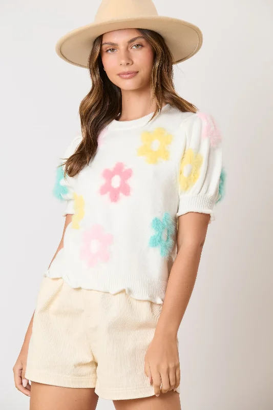 Fuzzy Floral Short Sleeve Sweater Lace Blend Ribbed Blend Corduroy Blend