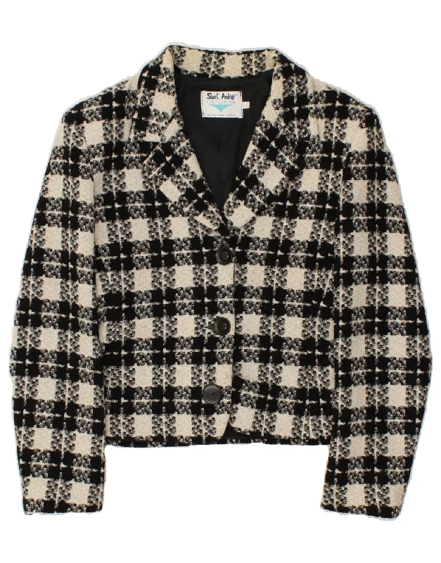 VINTAGE Womens 3 Button Blazer Jacket UK 12 Medium Black Check Wool Knit Fabric Woven Fabric Fleece Fabric VINTAGE Womens 3 Button Blazer Jacket UK 12 Medium Black Check Wool Knit Fabric Woven Fabric Fleece Fabric
