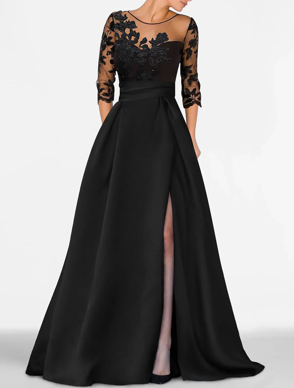 A-Line Evening Gown Elegant Dress Wedding Guest Floor Length 3/4 Length Sleeve Jewel Neck Satin with Beading Appliques Tunics Business professional A-Line Evening Gown Elegant Dress Wedding Guest Floor Length 3/4 Length Sleeve Jewel Neck Satin with Beading Appliques Tunics Business professional