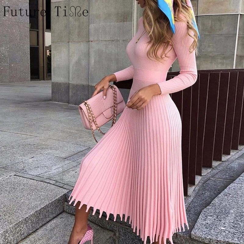 Future Time Women Knitted Long Dress Autumn Winter Slim Sleeve Ladies Dresses Elegant Party Female Sweater Bodycon Dress F792 Striped Floral Plaid