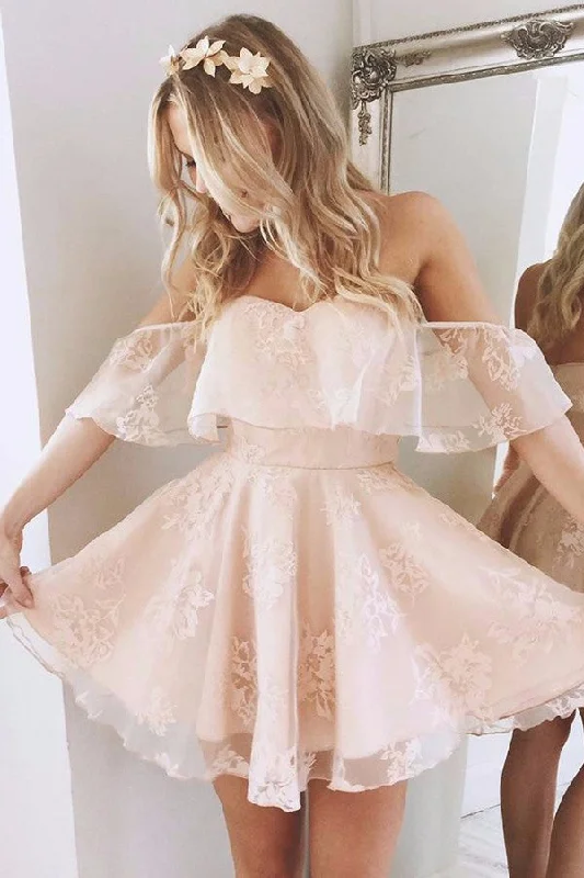 A-Line Off Shoulder Mid Back Lace Homecoming Dresses Tunics Lace romantic