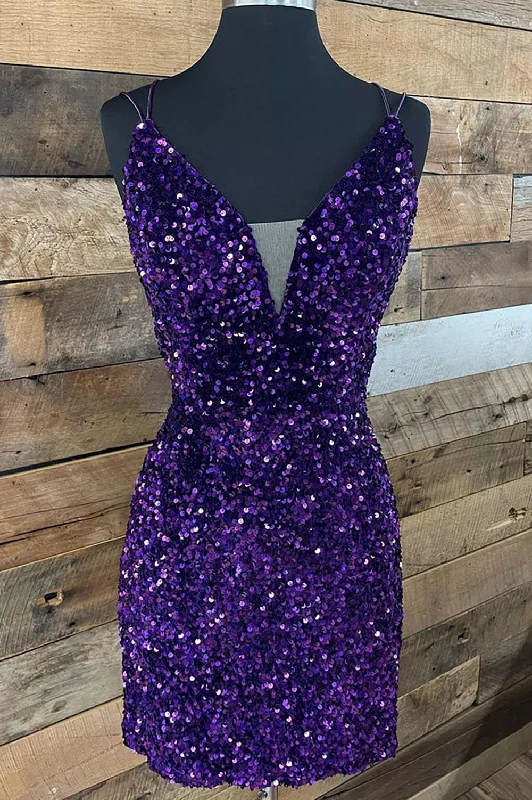 Sparkly Purple V Neck Spaghetti Straps Sequins Short Homecoming Dresses Bodycon Club Sequined Sparkly Purple V Neck Spaghetti Straps Sequins Short Homecoming Dresses Bodycon Club Sequined