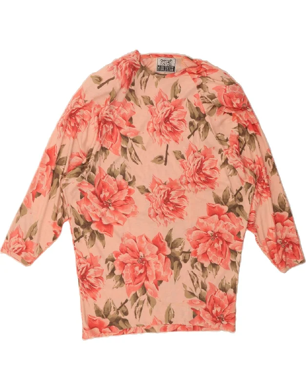 VINTAGE Womens Boat Neck Jumper Sweater IT 42 Medium Pink Floral Polyester Handmade Hand-knitted Hand-woven