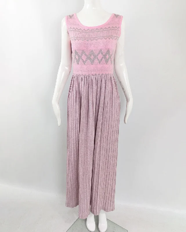 Louis Feraud Vintage Pink & Silver Knit Dress, 1970s empire Waist empire