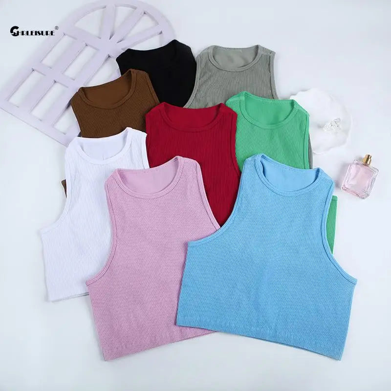 CHRLEISURE Crop Top Women Athletic Sports Tank Seamless Streetwear Elastic Rib-Knit Sleeveless Yoga Vest Tee Stretchy Gym Tight open back tank