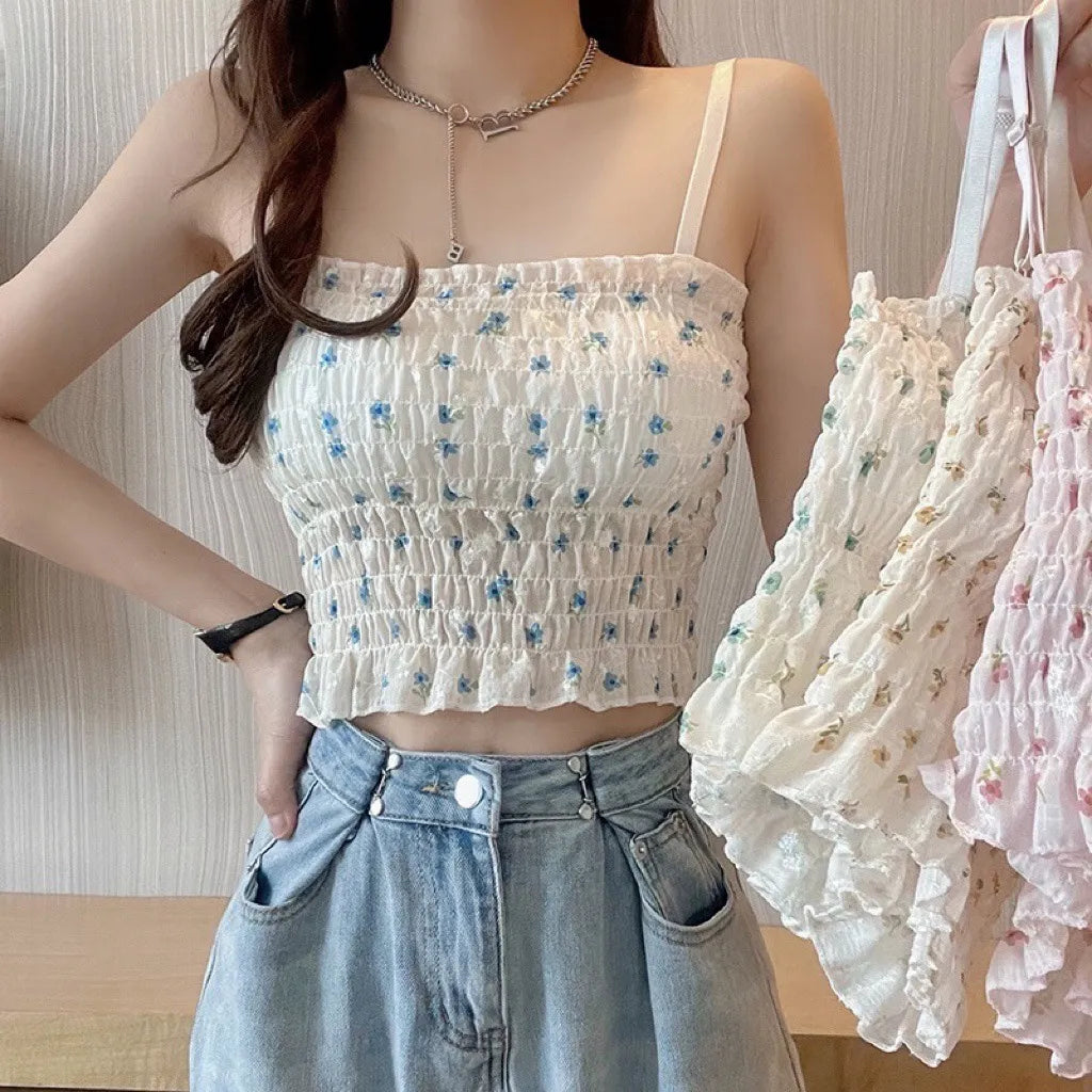 Floral Printed Camisole Woman Summer Sweet Spaghetti Strap Tank Top Female with Built In Bra Corset Women Vest with Padded cold shoulder tank