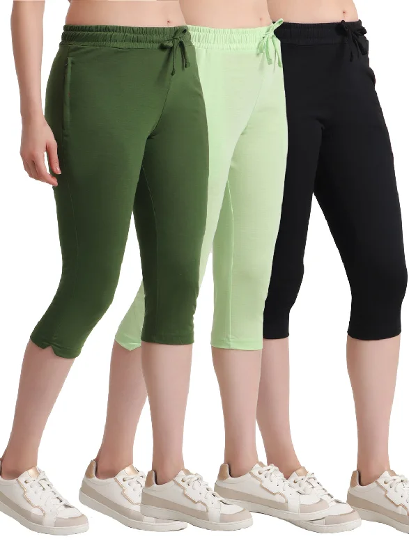 T.T. Women Regular Fit Poly Jersey Solid Capri Pack Of 3-Black-Green-Olive Maximalist Jersey Tee