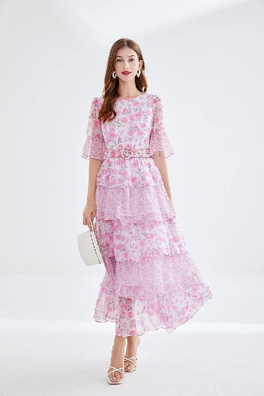 European and American high-end printed trumpet sleeves 5-layer cake dress Tunics Stylish elegant European and American high-end printed trumpet sleeves 5-layer cake dress Tunics Stylish elegant