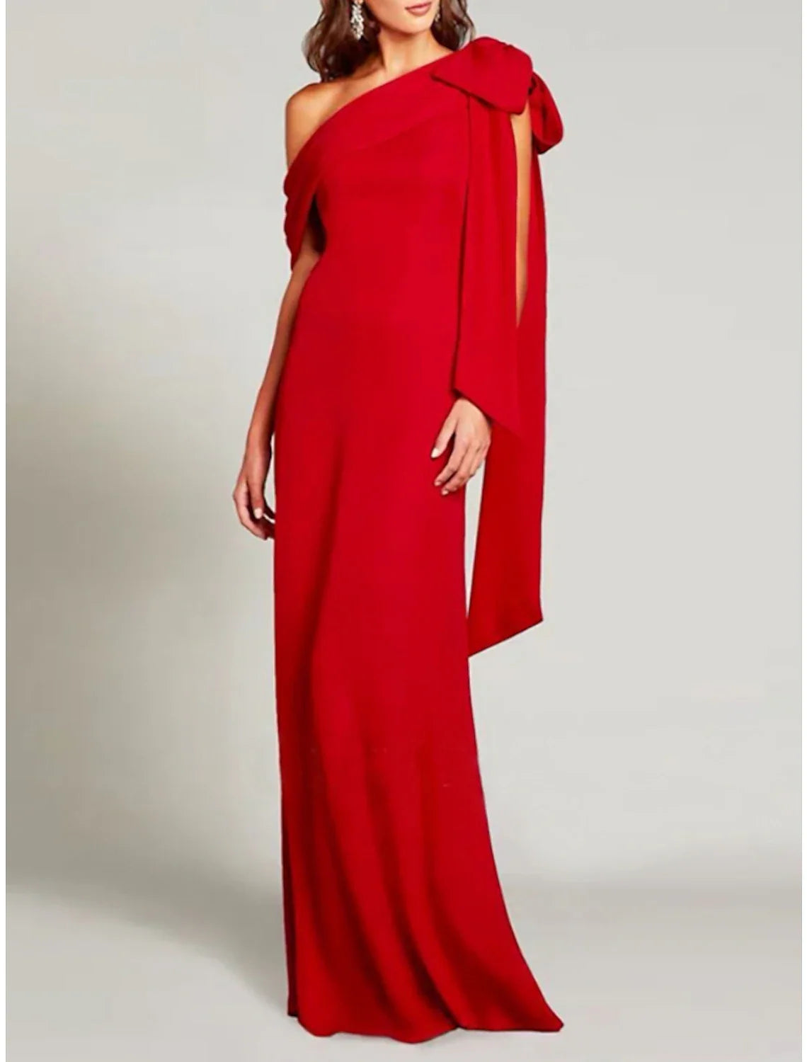 Sheath / Column Evening Gown Elegant Dress Formal Sweep / Brush Train Christmas Red Green Dress Short Sleeve One Shoulder Charmeuse with Bow(s) Pleats Slit Tunics Fashionable chic