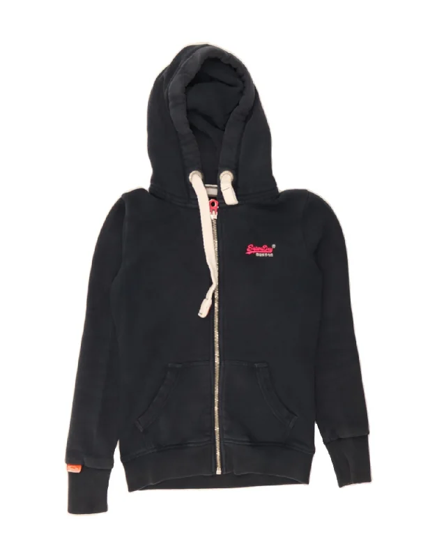SUPERDRY Womens Zip Hoodie Sweater UK 6 XS Navy Blue Cotton Layered Multi-layer Single Layer