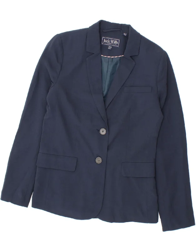 JACK WILLS Womens 2 Button Blazer Jacket UK 10 Small Navy Blue Polyester Faux Fur Fabric Real Fur Fabric Shearling Fabric