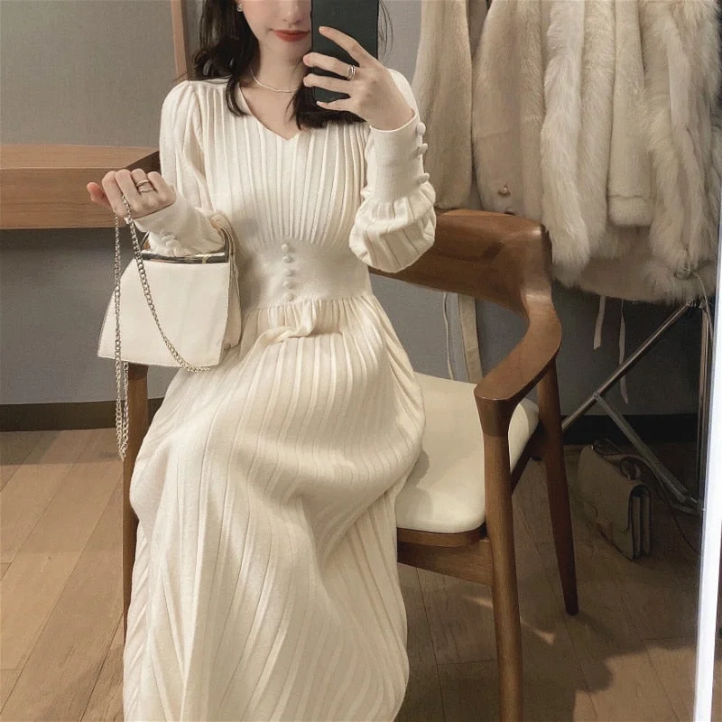 Knitted Dress Women Casual Long Sleeve Vintage Elegant Office Sweater Dress Female 2021 Autumn One Piece Dress Korean Outerwear Iron Safe Non-Iron Wrinkle Free