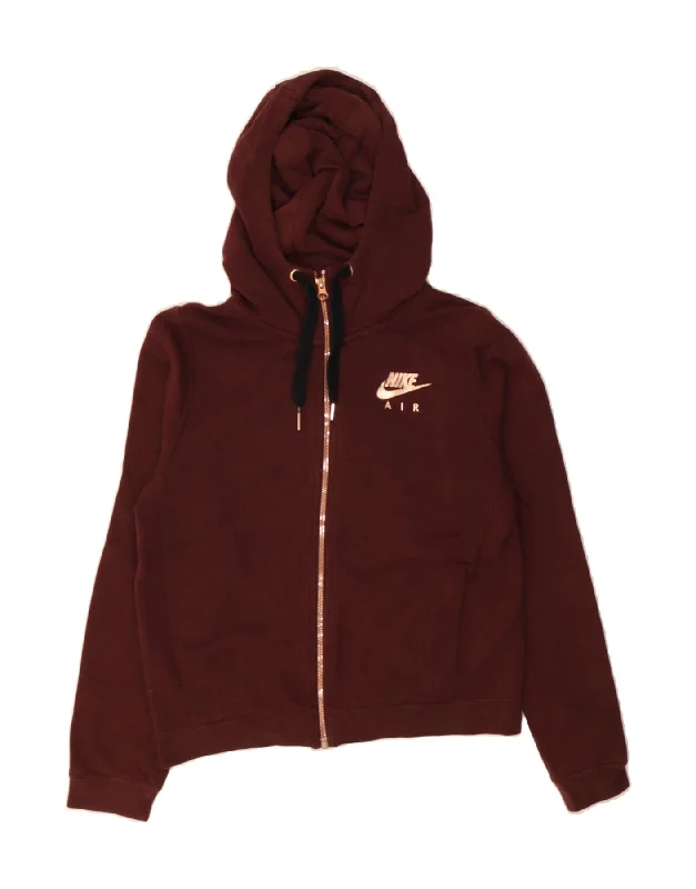 NIKE Womens Graphic Zip Hoodie Sweater UK 6 XS Maroon Cotton Fitted Slim Tailored
