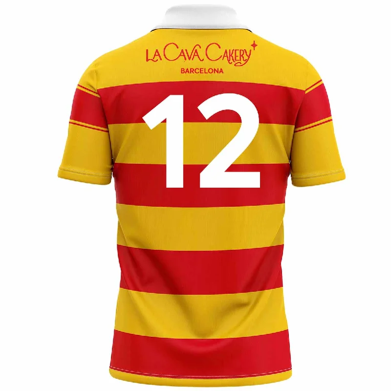 Mc Keever Barcelona Gaels Numbered Home Jersey - Adult - Saffron/Red Player Fit Silver Jersey Tee