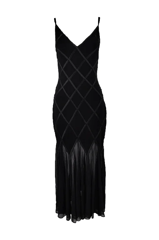Tadashi Vintage Womens Black Sheer Mesh Evening Gown Dress, 1990s Cowl Neckline Elegant Tadashi Vintage Womens Black Sheer Mesh Evening Gown Dress, 1990s Cowl Neckline Elegant