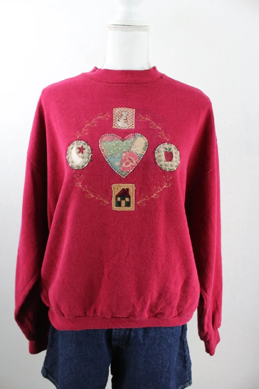 Vintage Heart Patch Sweatshirt (L) Hoodie with Belted Waist Structured Tailored