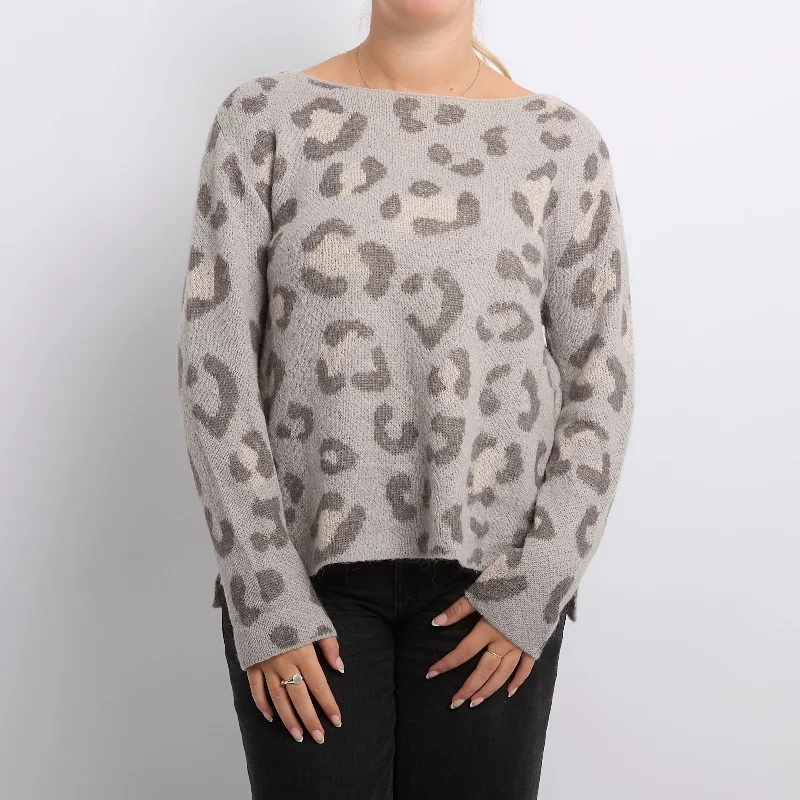 Leopard  Round Neck Heavy Sweater - UK 14 Turtle Neck Boat Neck Asymmetrical Neck
