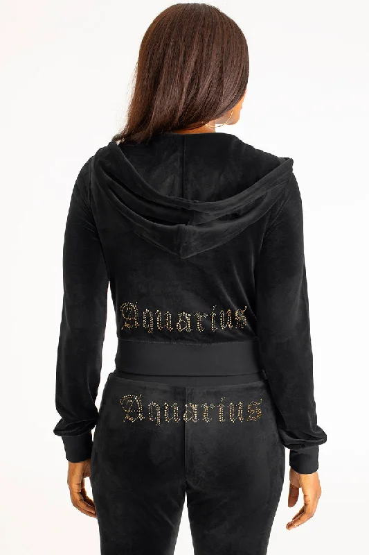 Aquarius Big Bling Velour Hoodie Hoodie with Hem Applique Textured Unique