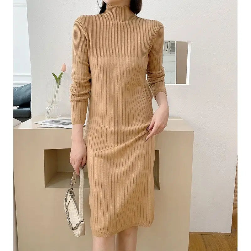 Autumn Winter New Fashion Long Sleeve Solid Half High Collar Sweaters Women's Clothing Loose All-match Knitting Trend Dresses Embroidered Appliqued Beaded