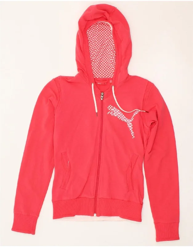 PUMA Womens Graphic Zip Hoodie Sweater UK 10 Small Pink Cotton Ribbed Striped Patterned