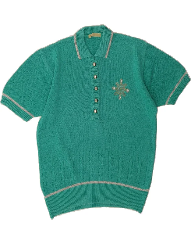 VINTAGE Womens Short Sleeve Polo Neck Jumper Sweater UK 14 Medium Green Mesh Fabric Canvas Fabric Denim Fabric