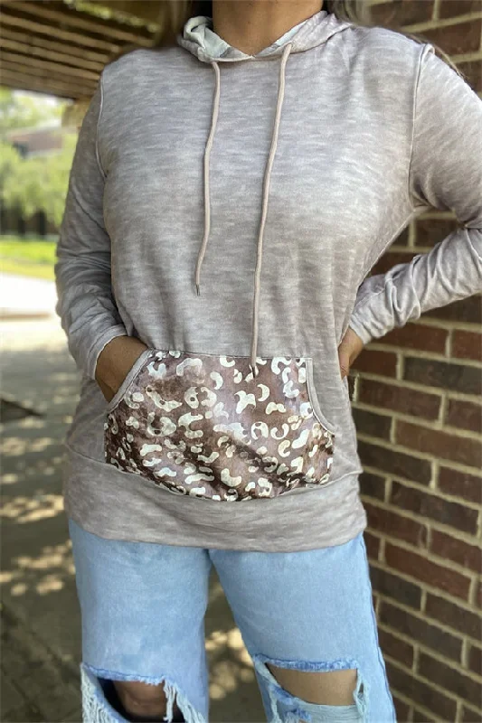 DLH15630 Gray women hoodie w/string &leopard printed front pocket long sleeve tops Hoodie with Batwing Sleeves Loose Dramatic